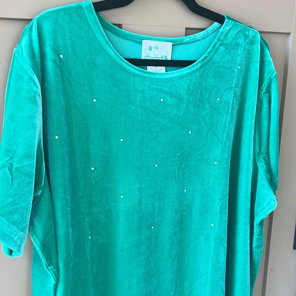 The Quacker Factory New w Tag 2X Kelly Green Short Sleeve Crushed Velvet Blouse - Picture 2 of 7